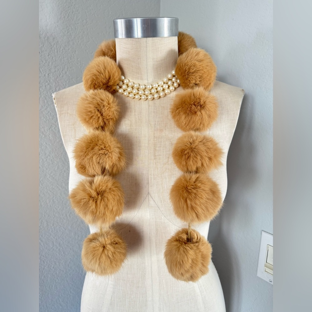 Pom Pom Rabbit Fur Scarf 40”